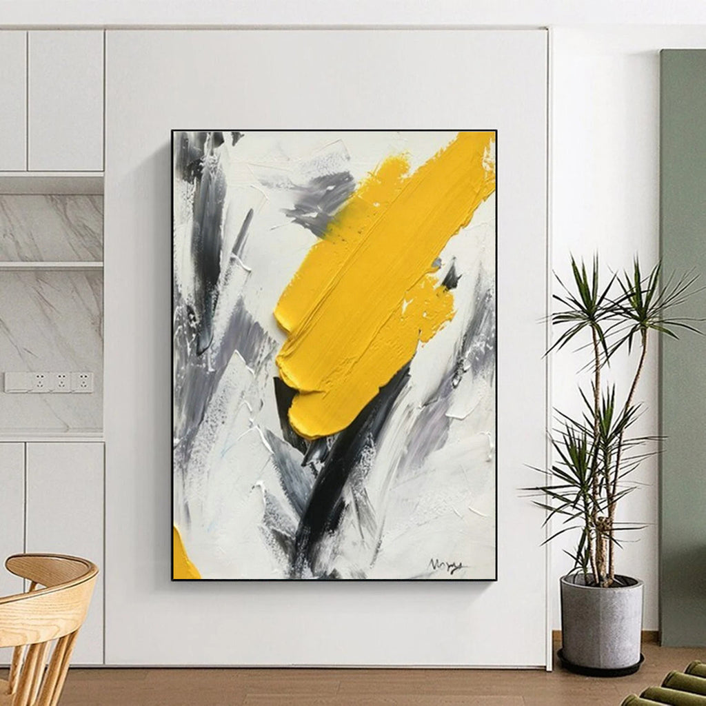 “Bold Yellow Stroke” - Yellow, Gray, White Abstract Impasto Painting On Canvas PS0616