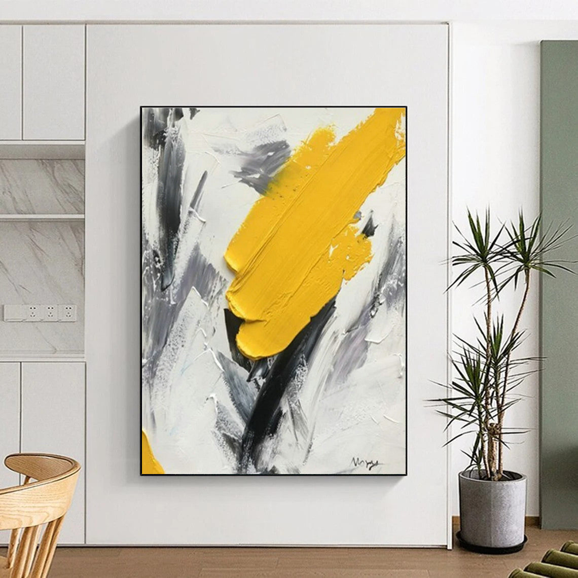 “Bold Yellow Stroke” - Yellow, Gray, White Abstract Impasto Painting On Canvas PS0616