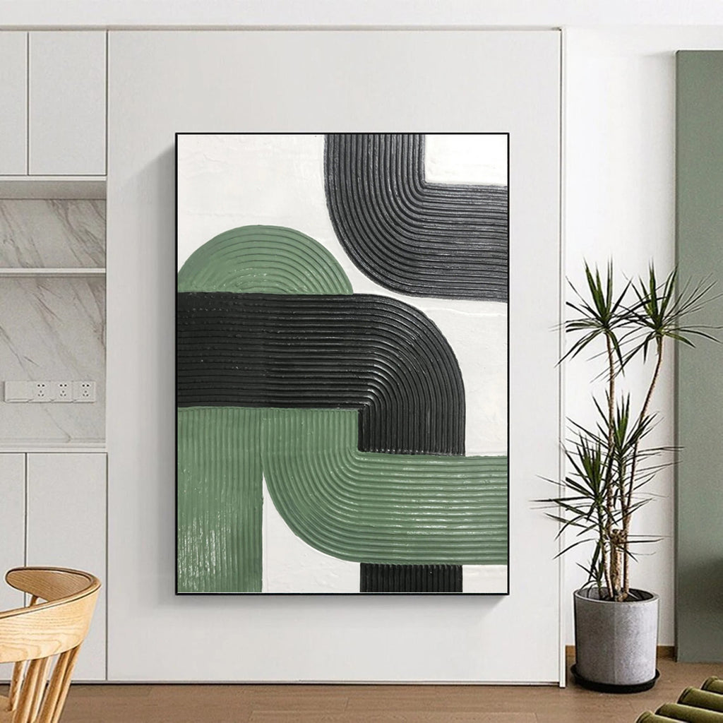 “Green - Black Curved Textures” - Minimalist Abstract Painting On Canvas PT1171