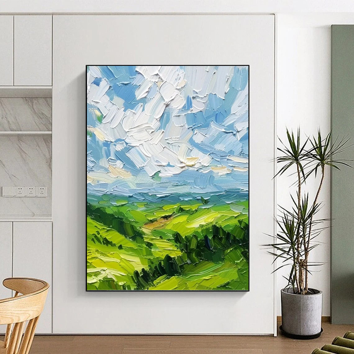 “Textured Green Landscape” - Impressionistic, Vivid - Hued Painting On Canvas PT1557