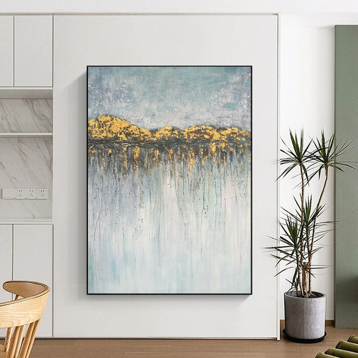 “Gold - Blue Abstract Landscape Drip Art” - Abstract Painting On Canvas PT2077