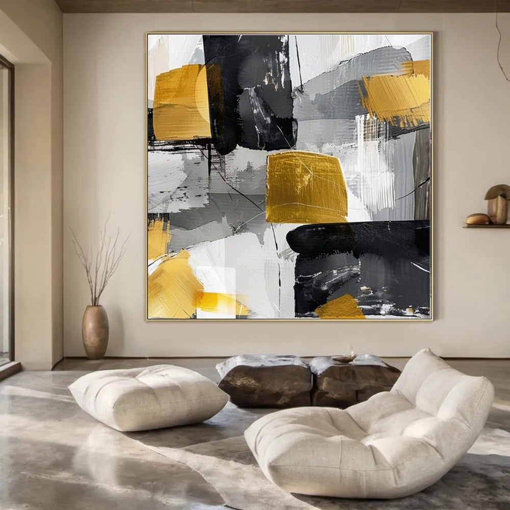 Gray, Gold, Black with Abstract Blocks "Gilded Geometry" Abstract Painting On Canvas PS1279