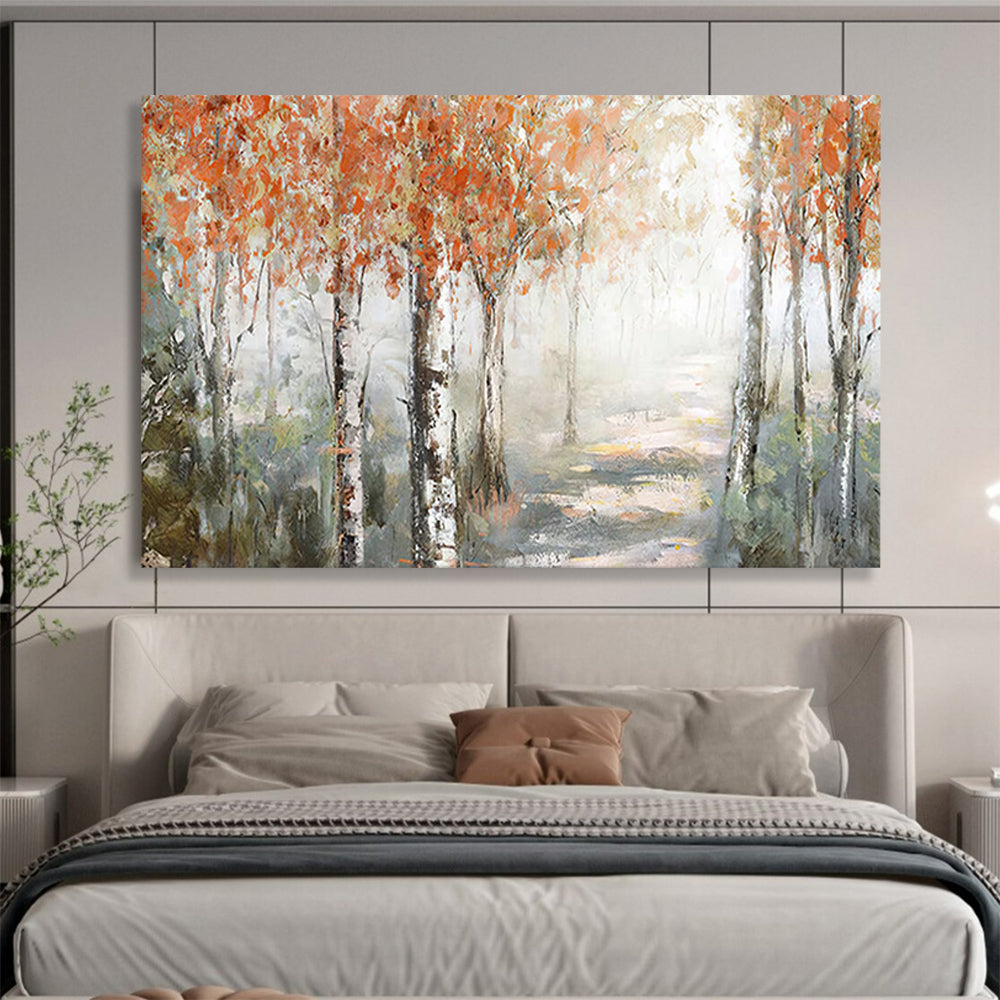 “Autumn Birch Forest Path” - Misty Landscape Painting On Canvas PT222