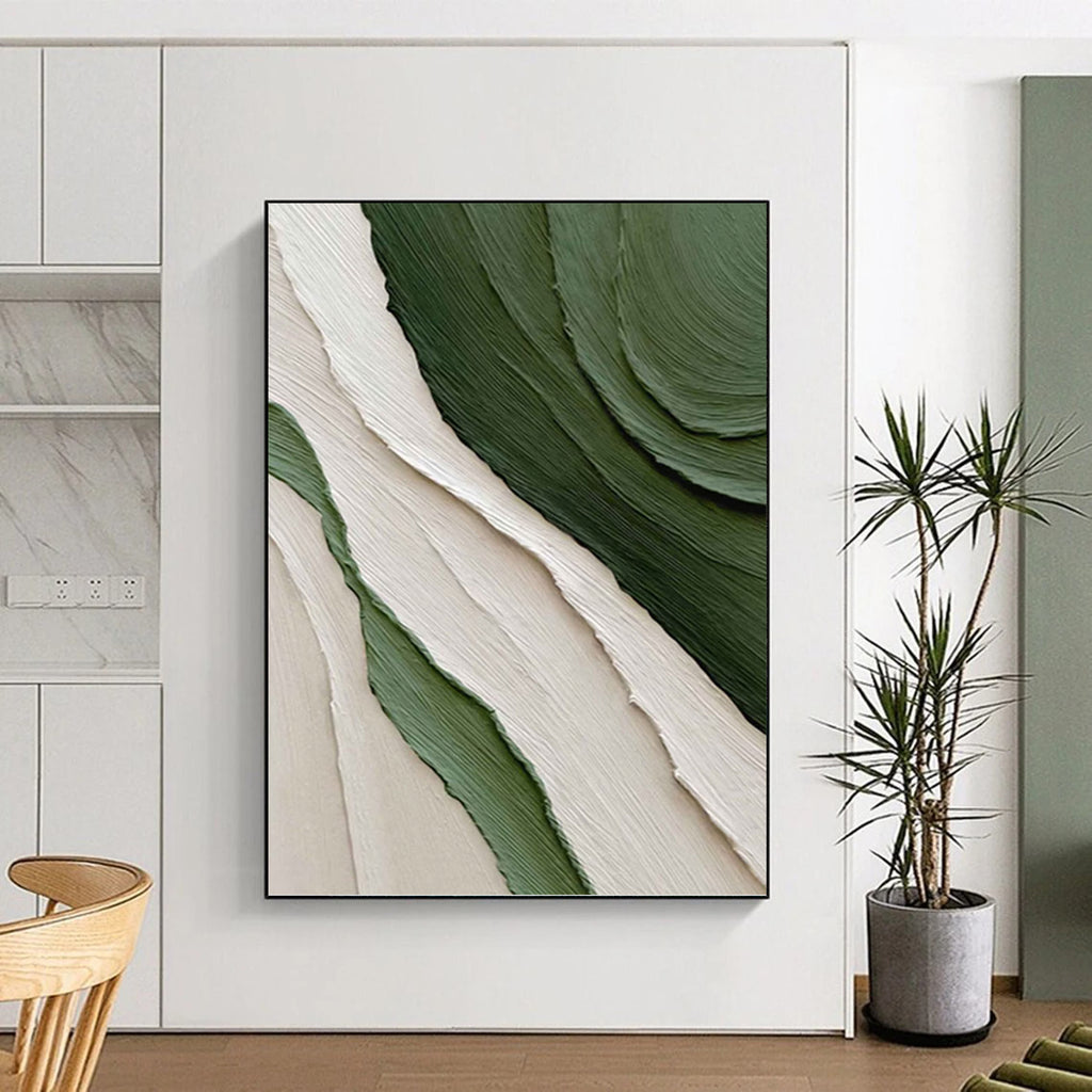 “Green & Beige Textured Waves” - Green, Beige, Layered Abstract Painting On Canvas PT1481
