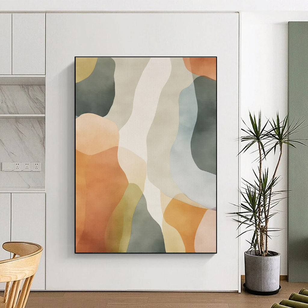 “Earth - Toned Wavy Abstraction” - Earth - Toned, Beige, Gray, Green Abstract Painting On Canvas PS0761