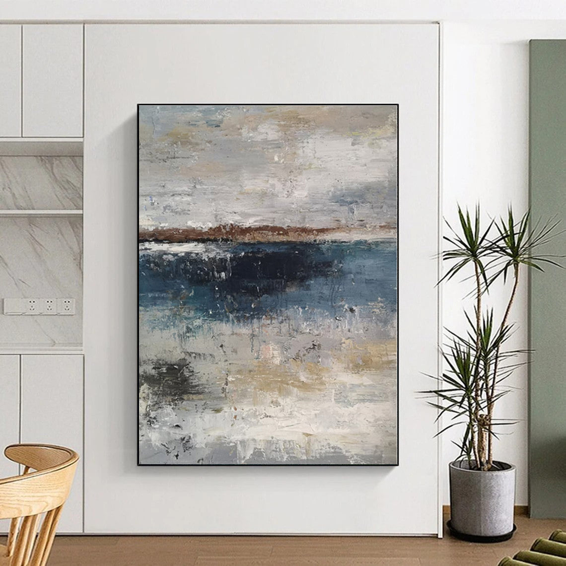 “Gray - Blue Coastal Abstraction” - Gray, Blue, Brown Abstract Painting On Canvas PS0471