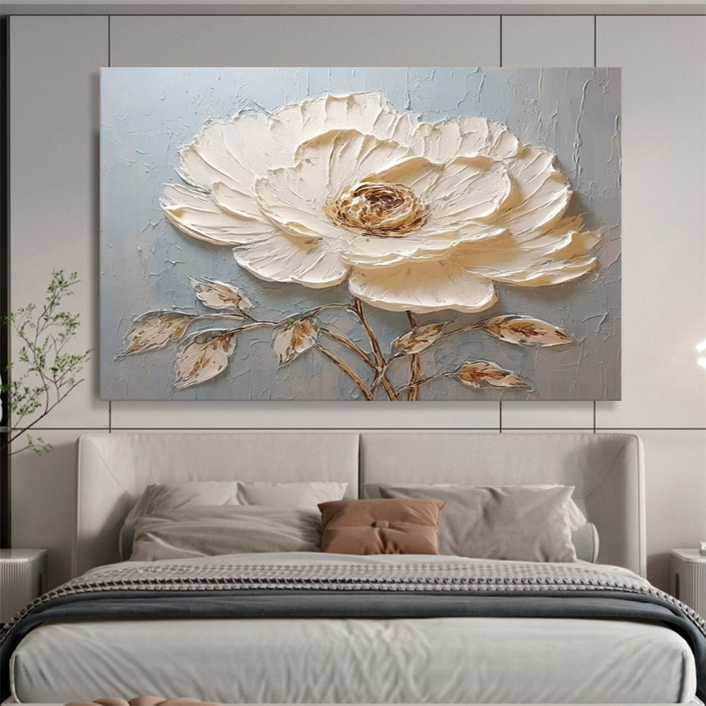 “Single White Peony Relief” - Mixed - Media Floral Painting On Canvas PT175