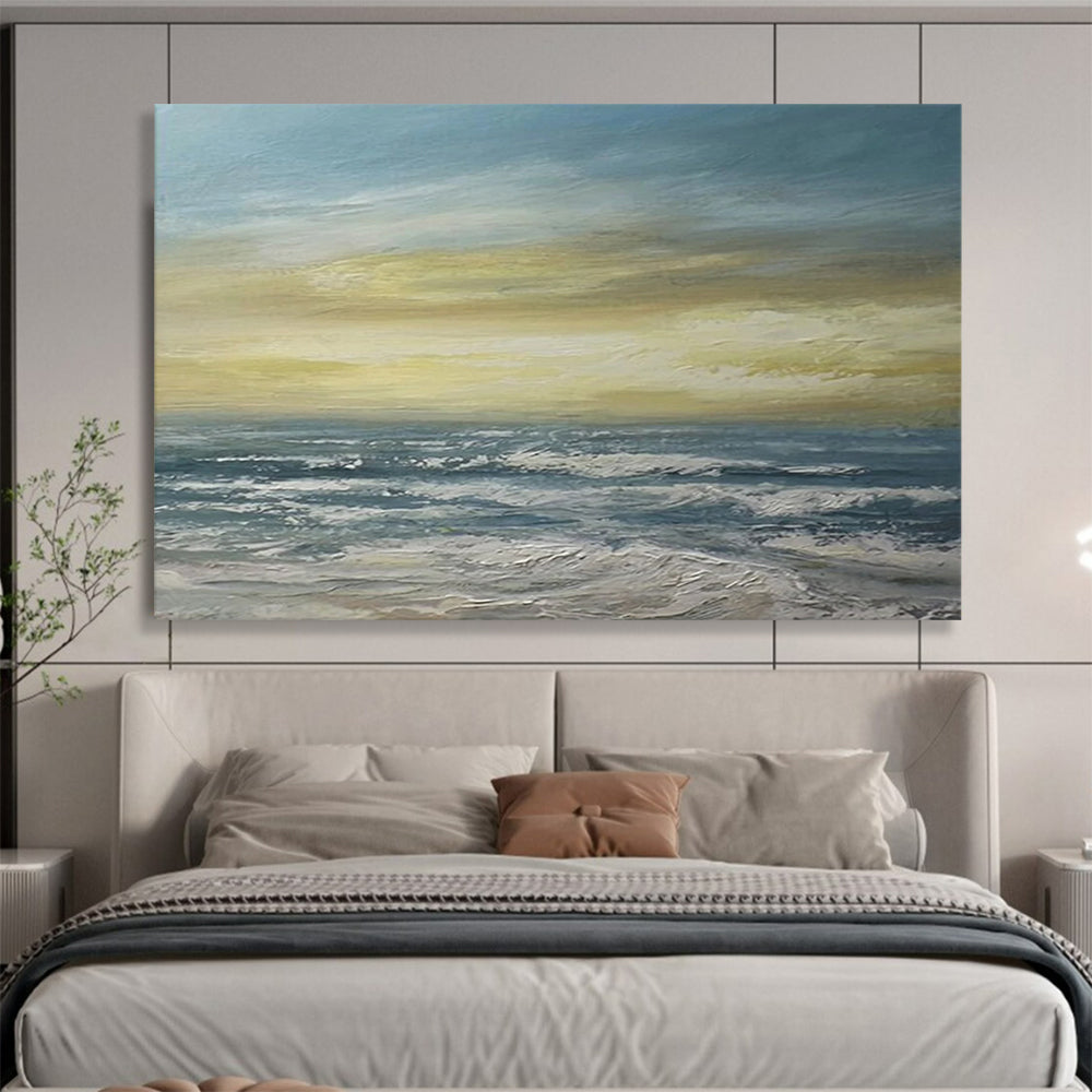 “Vibrant Coastal Sunset in Blues, Yellows & Whites” - Impressionistic Seaside Oil Painting On Canvas PT033