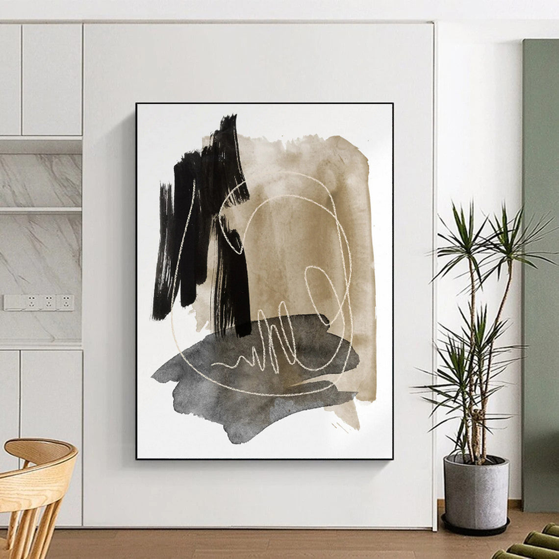 “Black - Beige - Grey Abstract Textured Shapes” - Tactile Abstract Painting On Canvas PS0337