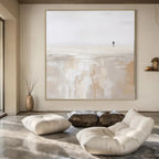 Beige, White with Solitary Figure "Lonely Stroll" Abstract Painting On Canvas PS1312