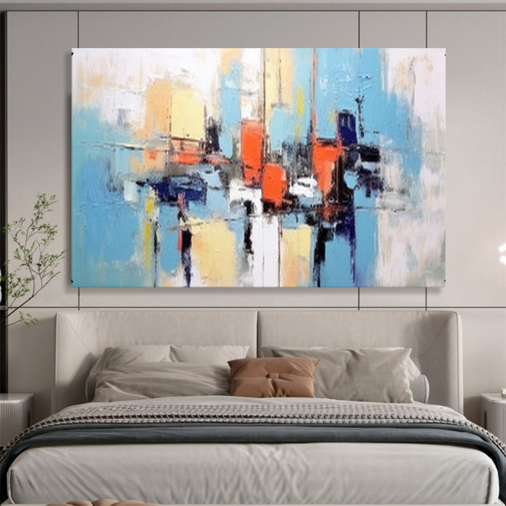 “Blue - Orange Abstract Harbor” - Coastal Hues “Marina Melody” Painting On Canvas PT1646