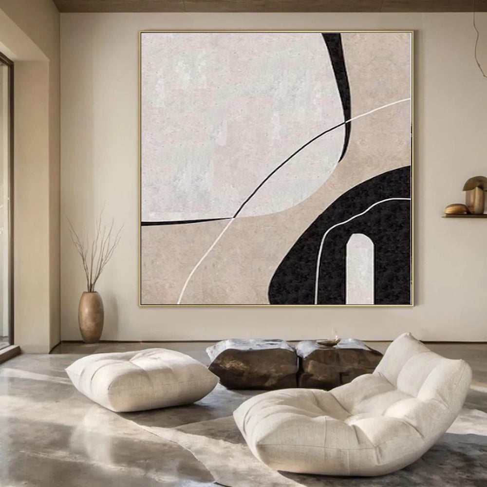 Beige, Black and White with Curved Line Forms "Organic Flow" Abstract Painting On Canvas PS1162
