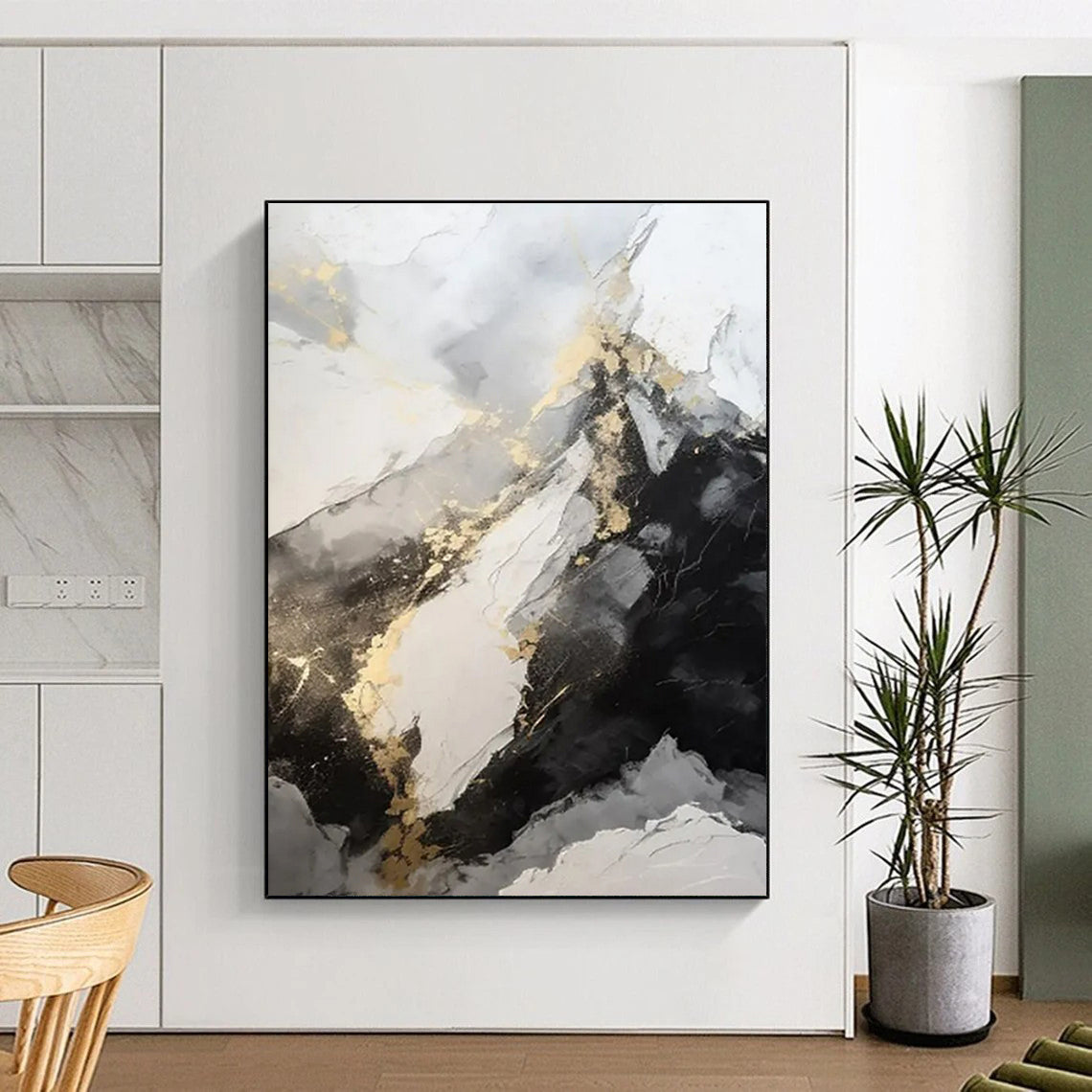 White, Gray, Black & Gold Abstract "Marble Peaks" Painting On Canvas PS0871