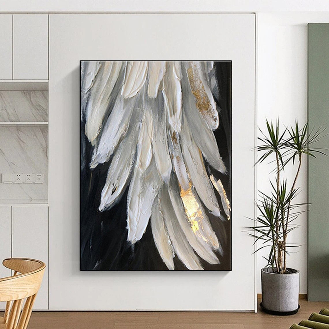 “White & Gold Feather Textures” - Textured Abstract Painting On Canvas PS0431