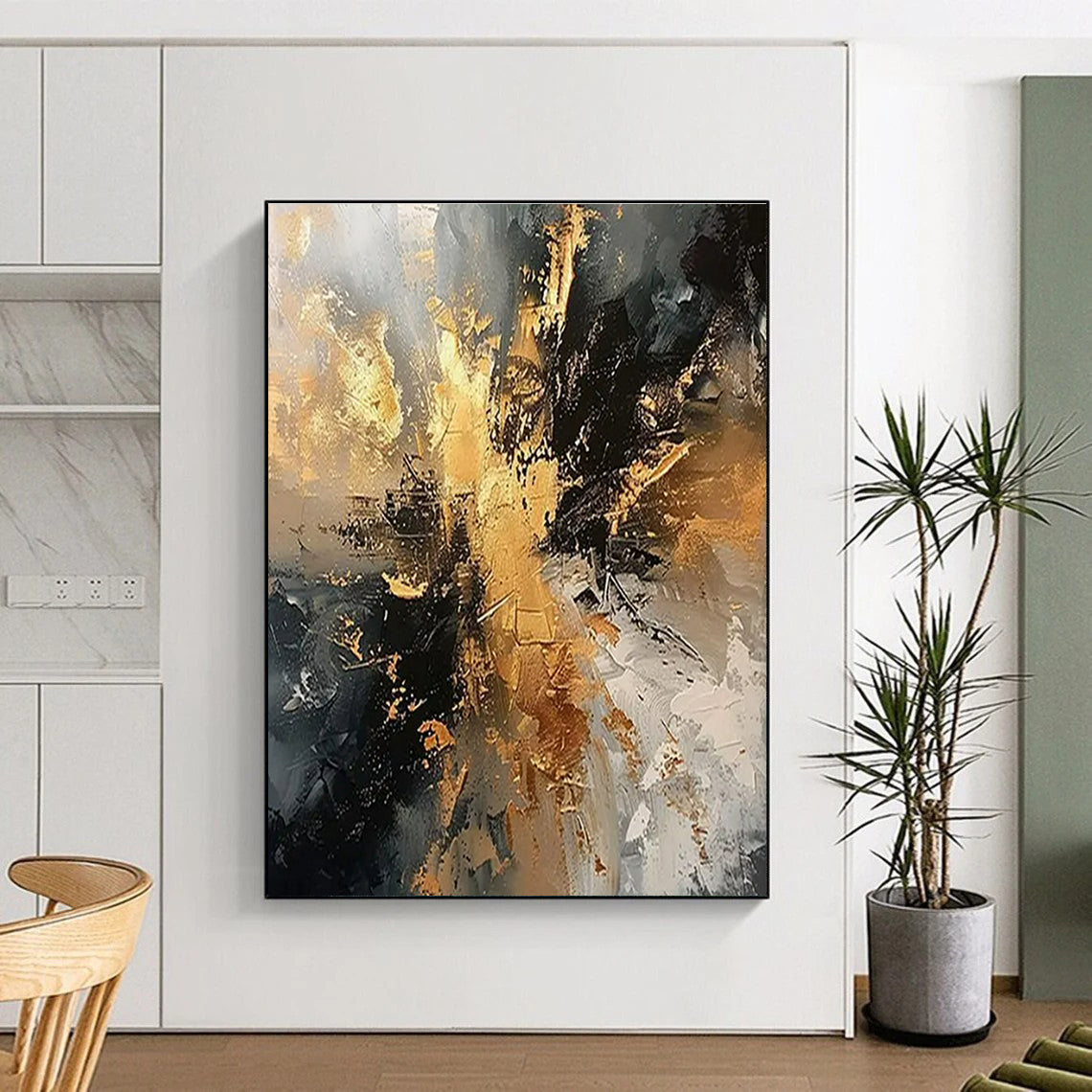Black, Gray & Gold Dynamic Abstract "Ember Glow" Painting On Canvas PS0861