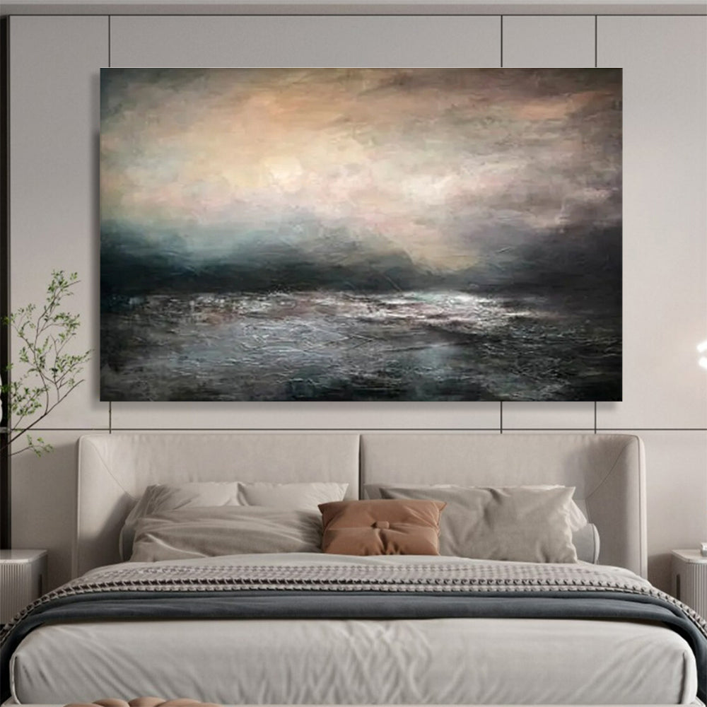 “Moody Gray Seascape” - Gray, Black & White Seascape, Impressionistic Oil Painting On Canvas DKS769