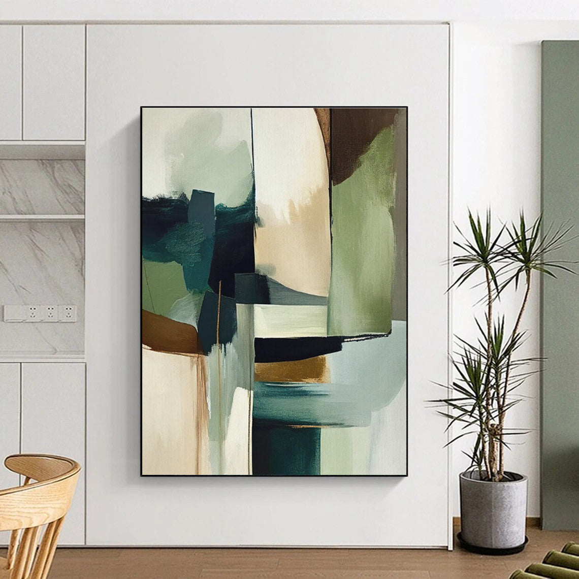 “Teal & Gold Abstract Geometry” - Teal, Gold, Green, White Abstract Geometric Painting On Canvas PS0757