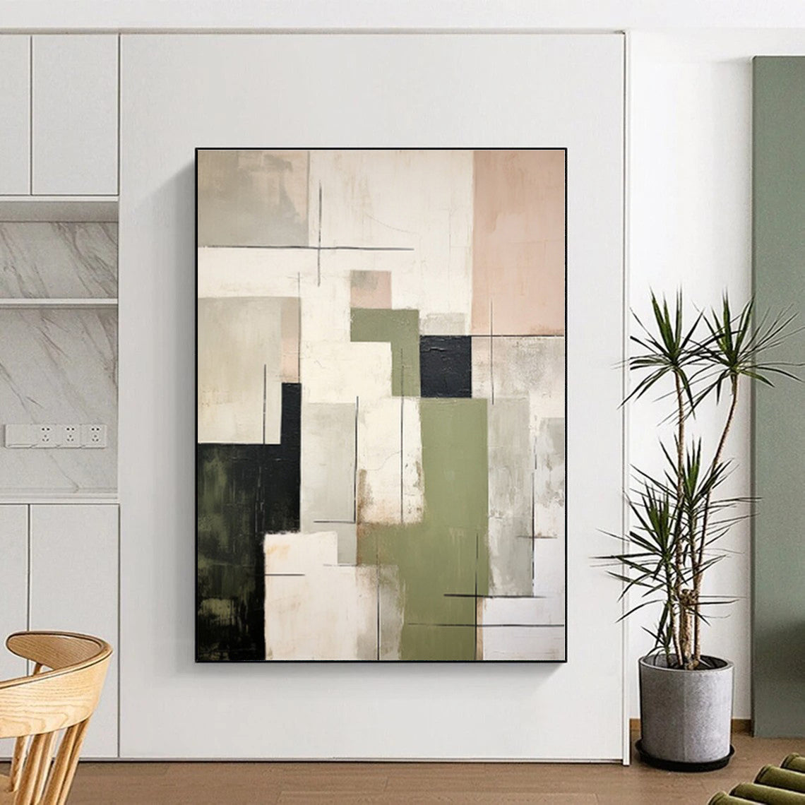 “Mixed Geometric Tones” - Green, Black, Beige Abstract Geometric Painting On Canvas PS0396