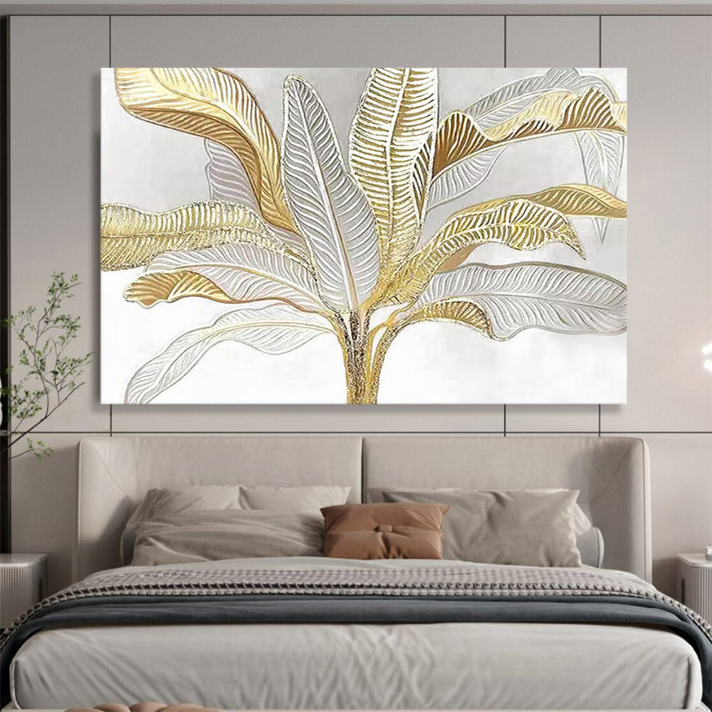 “Gold - Silver Tropical Foliage” - Elegant Botanical Painting On Canvas PT1560
