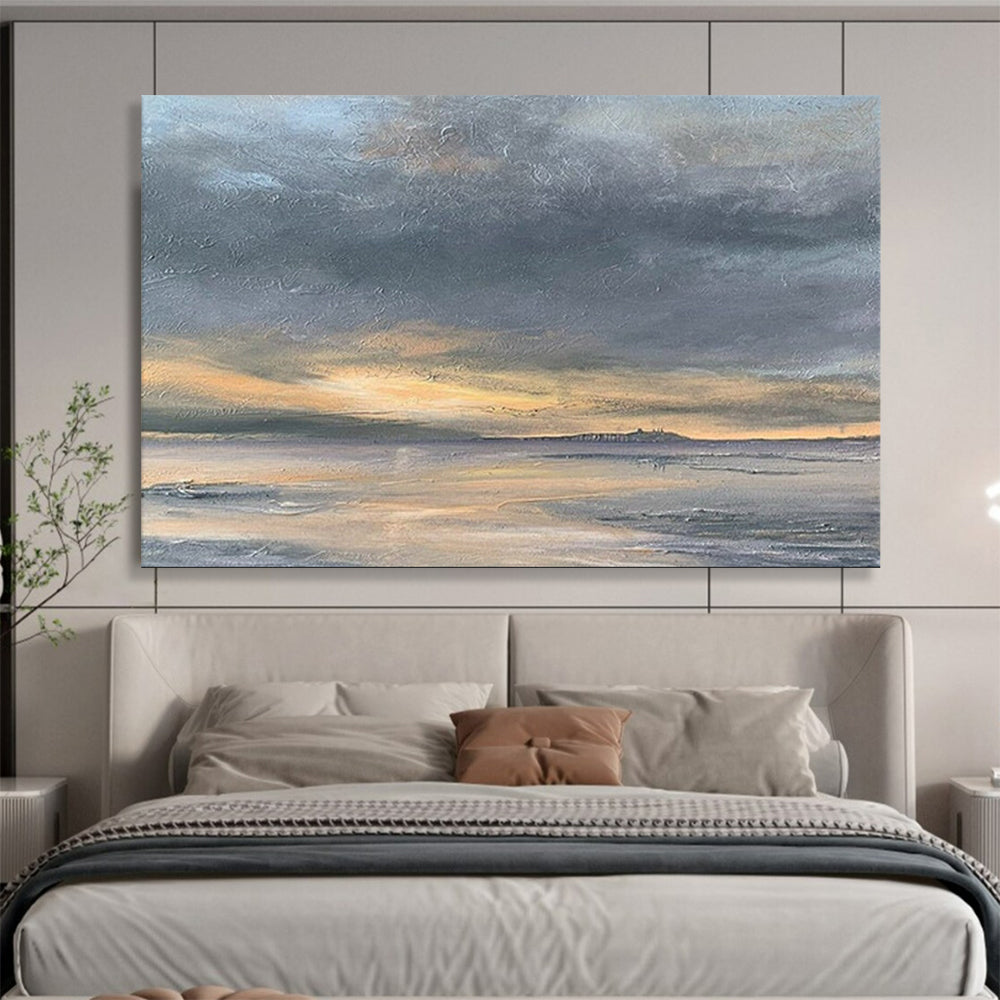 “Dramatic Coastal Sunset in Grays and Oranges” - Impressionistic Seaside Painting On Canvas PT023