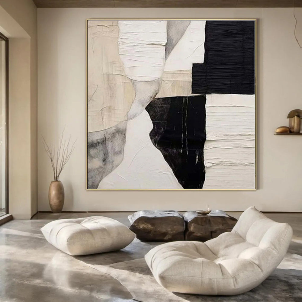 “Black - White Textured Collage” - Modern Abstract Painting On Canvas PS0157