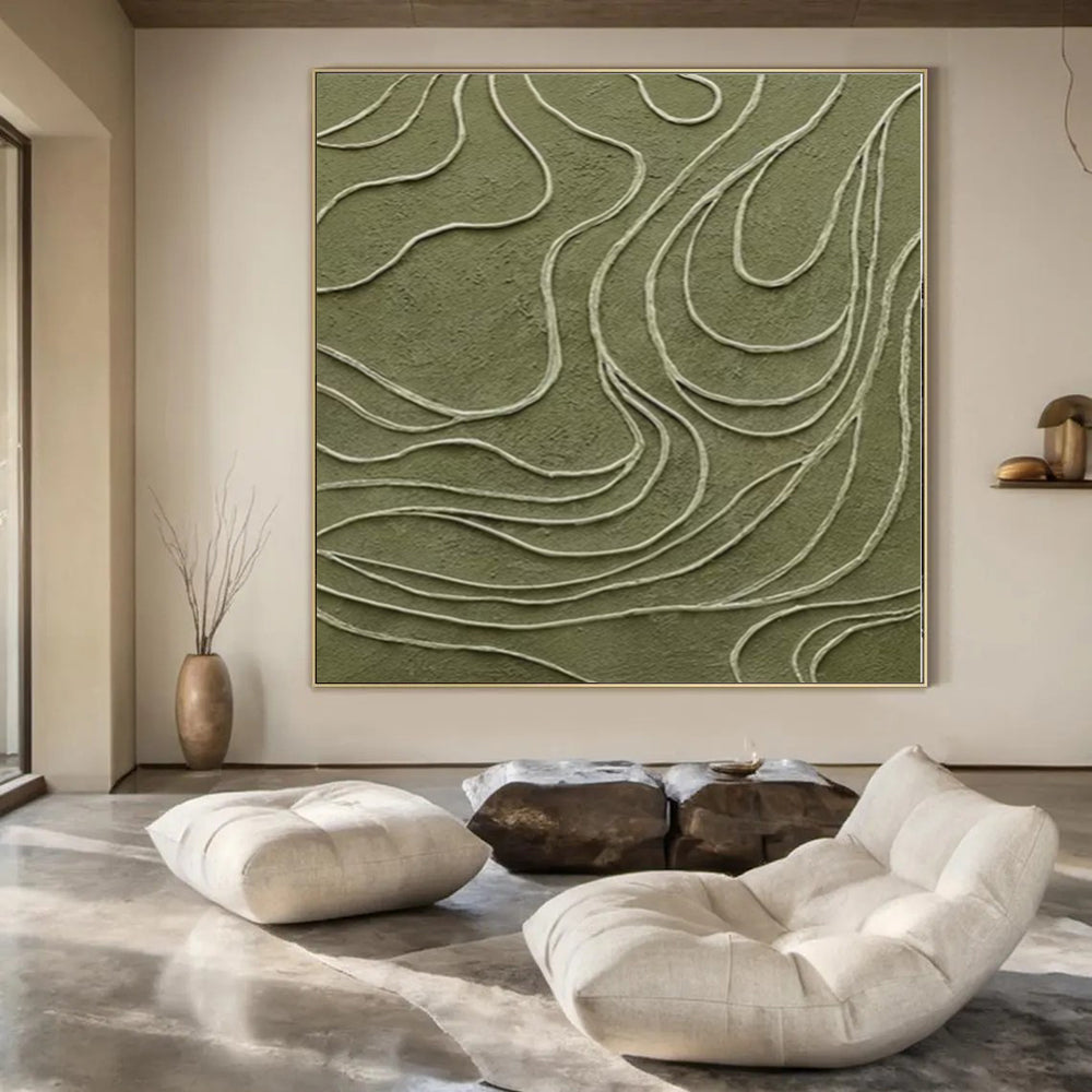 “Olive Green with White Curved Lines” - Textured Abstract Painting On Canvas PS0144