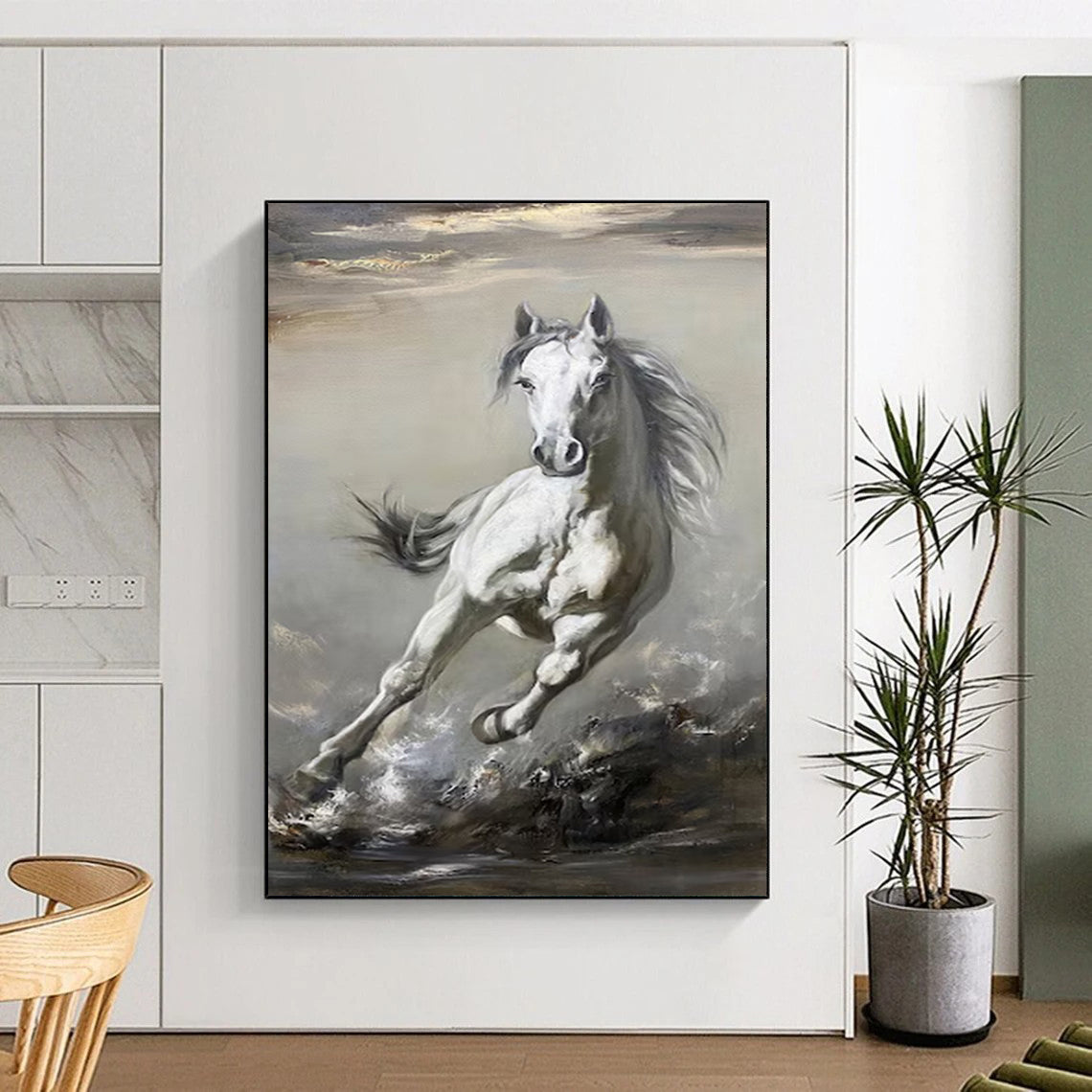 “White Horse in Motion” - Dynamic Oil Painting On Canvas PT2180