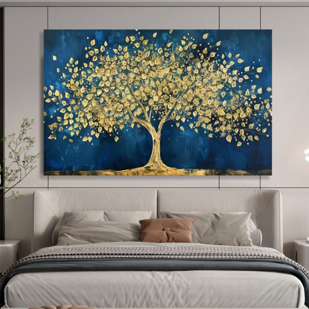 “Gold Tree on Blue” - Rich Gold “Golden Oasis” Painting On Canvas PT1620