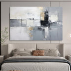 “Gray - Gold - White Abstract Grid” - Metallic - Gray Abstract Painting On Canvas PT1574
