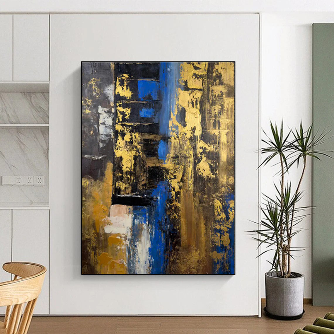 “Blue - Gold Abstract Layers” - Blue, Gold, Brown Abstract Painting On Canvas PS0445