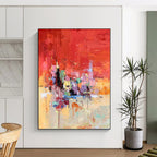 “Vibrant Red - Based Abstract Cityscape” - Expressive Abstract Painting On Canvas PS0291