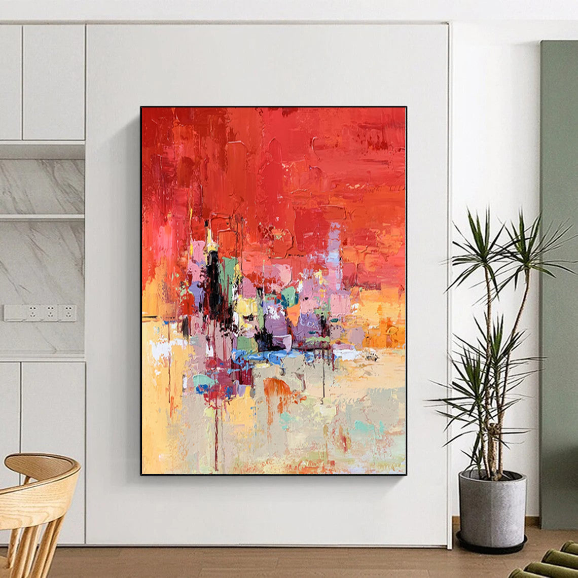 “Vibrant Red - Based Abstract Cityscape” - Expressive Abstract Painting On Canvas PS0291