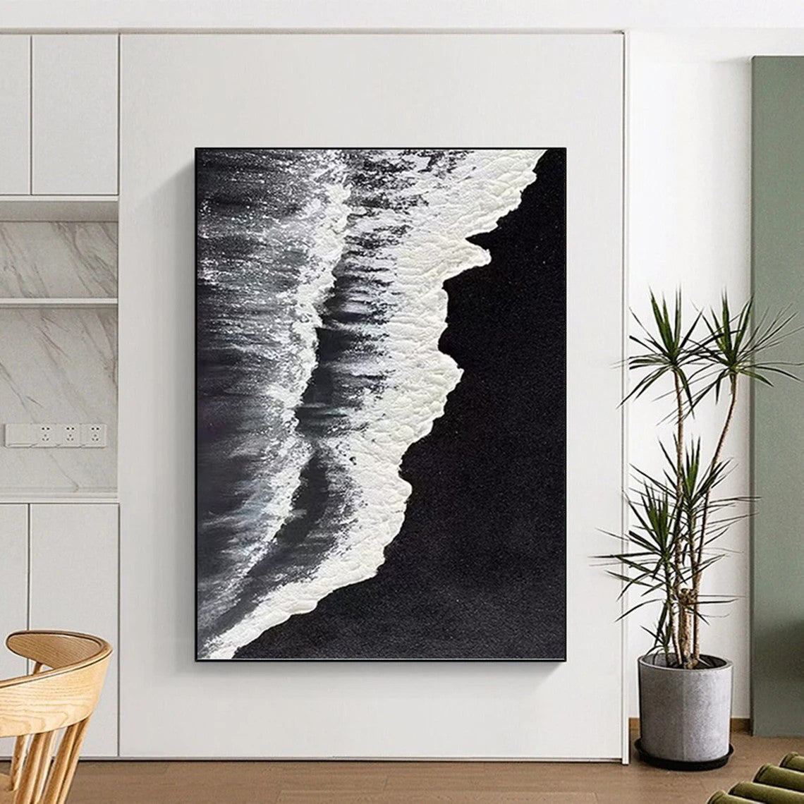 “Black - White Ocean Waves: Minimalist Seaside Art” - Stark Coastal Painting On Canvas PT0962