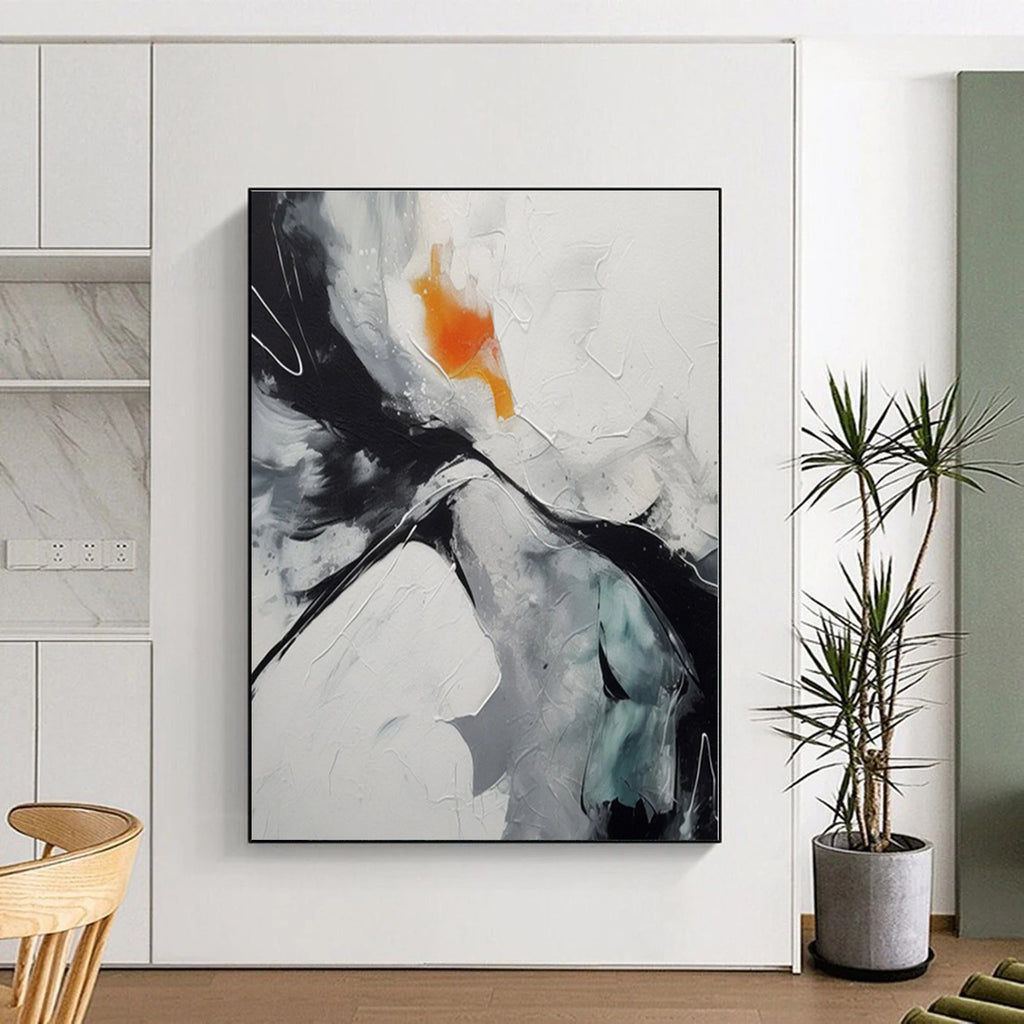 “Black - White - Orange Dynamic Swirl” - Black, White, Orange Abstract Swirl Painting On Canvas PS0571