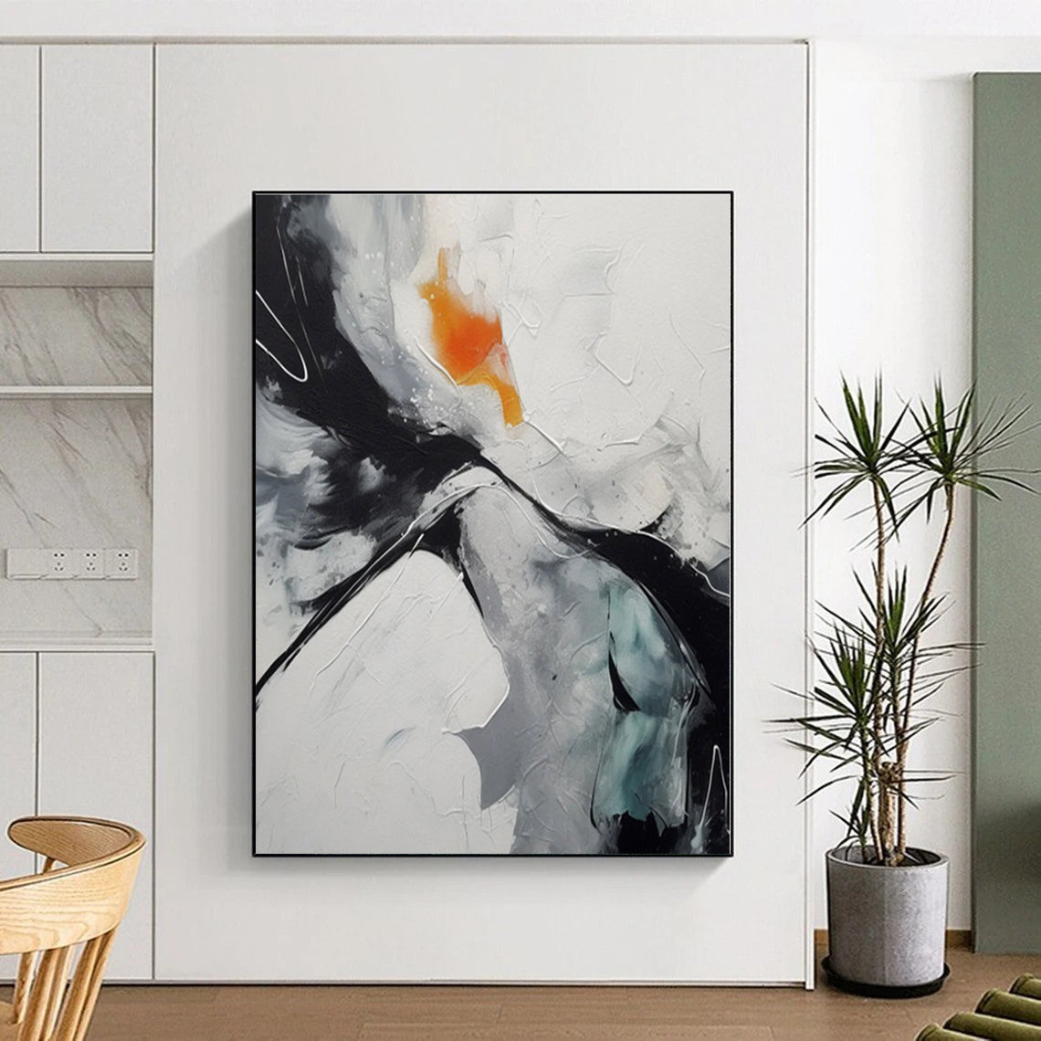 “Black - White - Orange Dynamic Swirl” - Black, White, Orange Abstract Swirl Painting On Canvas PS0571