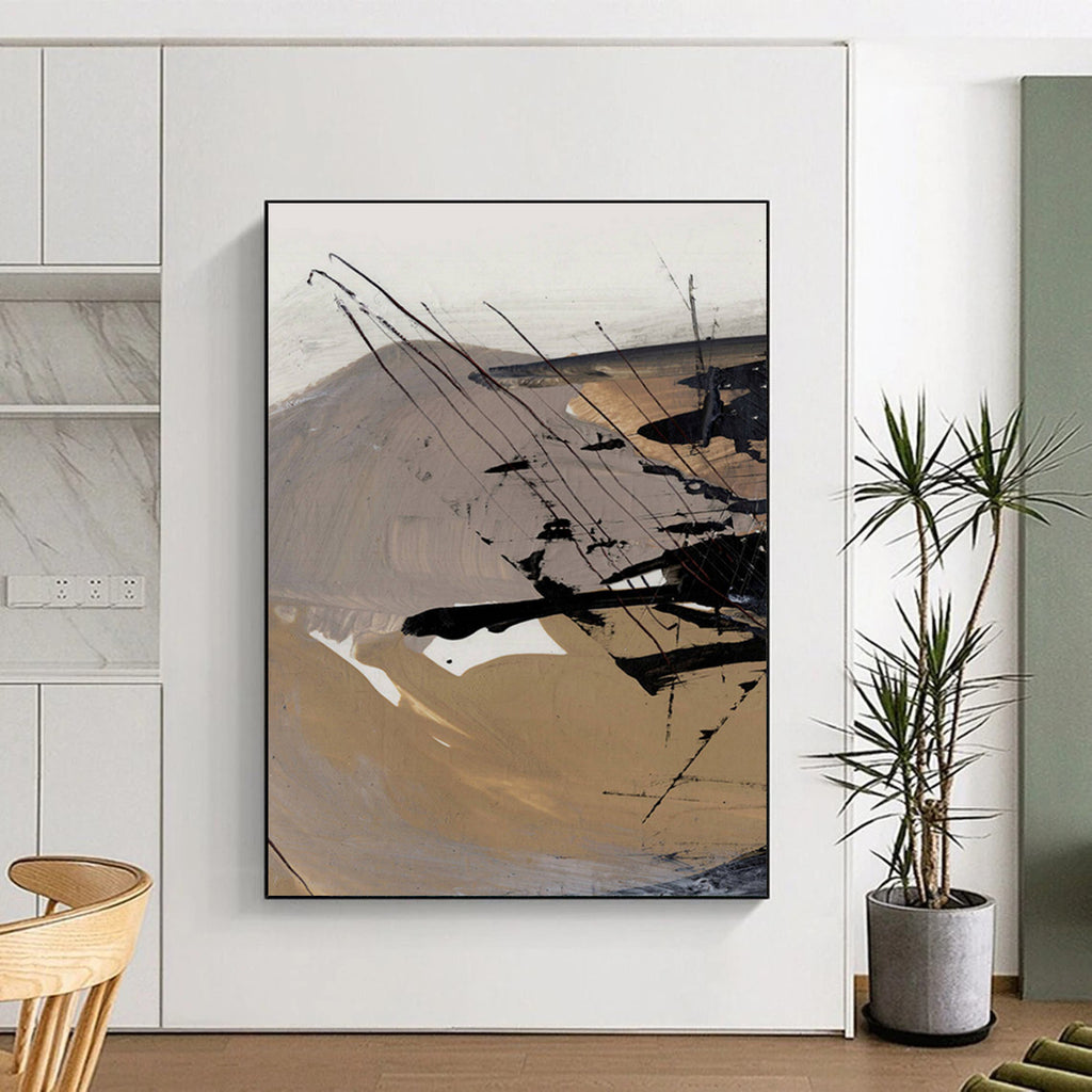“Earth - Toned Abstract” - Beige, Gray & Black Dynamic Forms Painting On Canvas DS201