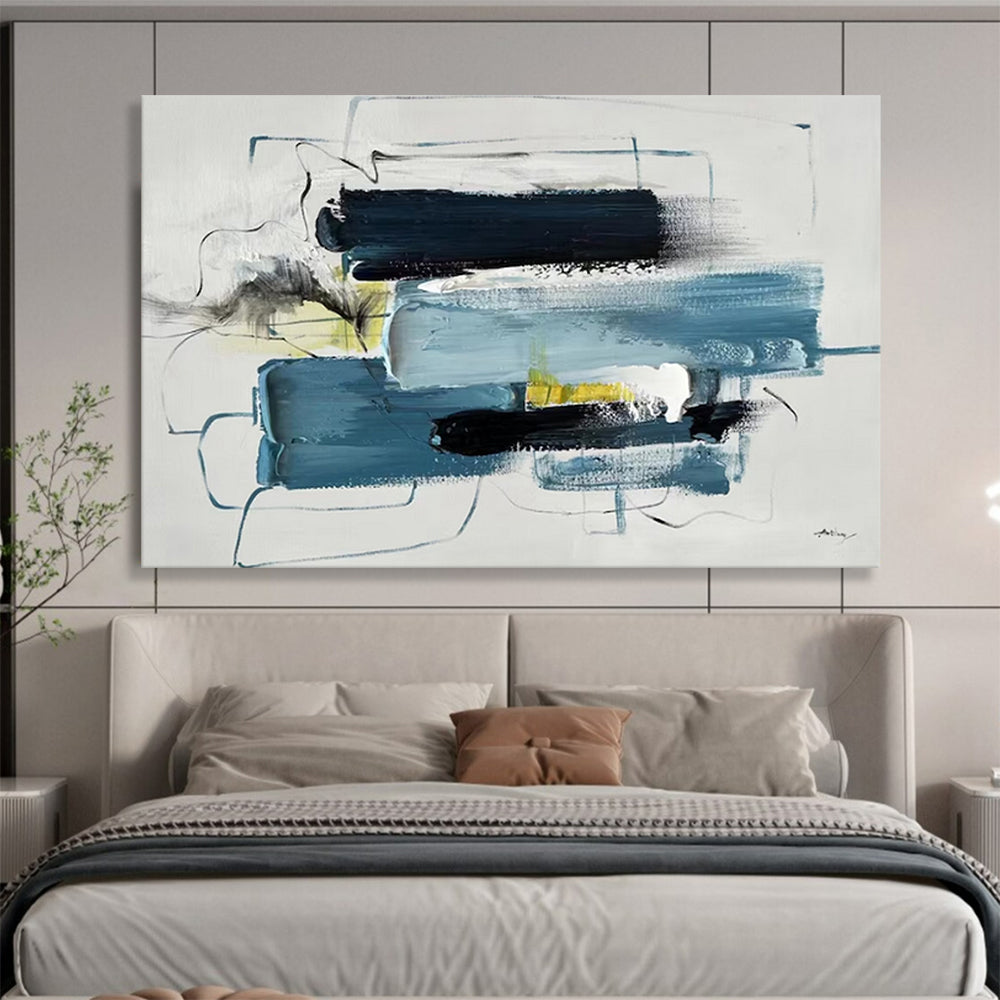 “Blue - Black Abstract Composition” - Modernist Abstract Painting On Canvas PT1561
