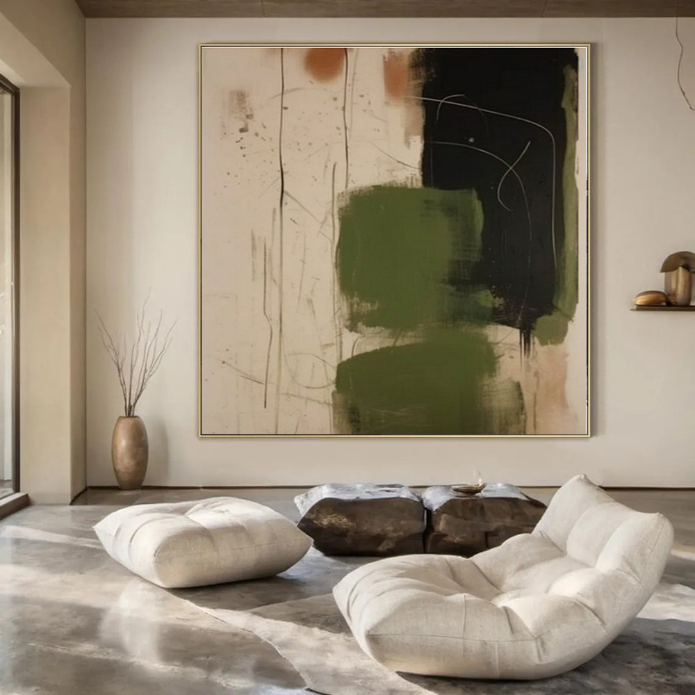 Green, Black, Beige with Loose Strokes "Wild Greens" Abstract Painting On Canvas PS1298