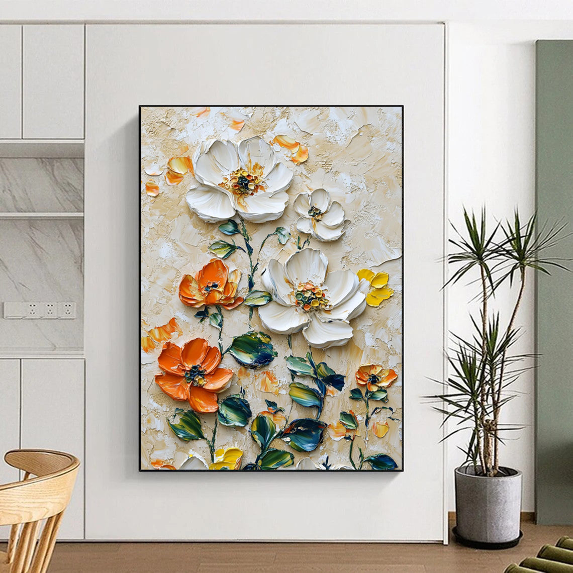 “Impasto White - Orange Floral Oil Art” - Oil Painting On Canvas PT2068
