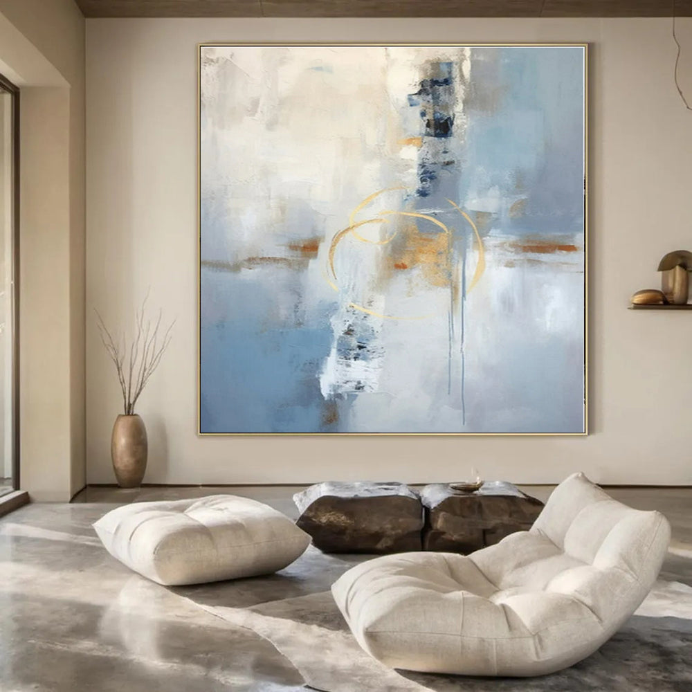 Blue, White, Gold with Abstract Forms "Golden Abstraction" Abstract Painting On Canvas PS1333