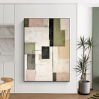 “Geometric Contrasts” - Green, Black, Pink Abstract Geometric Painting On Canvas PS0397