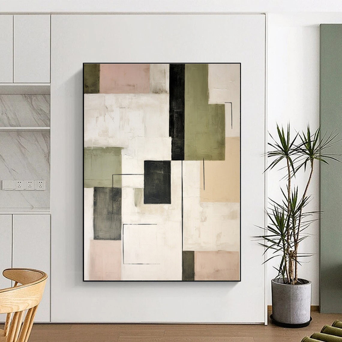 “Geometric Contrasts” - Green, Black, Pink Abstract Geometric Painting On Canvas PS0397