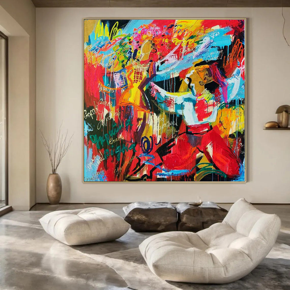 Colorful, Energetic Brushstrokes with Figures "Fiesta Fun" Abstract Expressionist Painting On Canvas PS1192