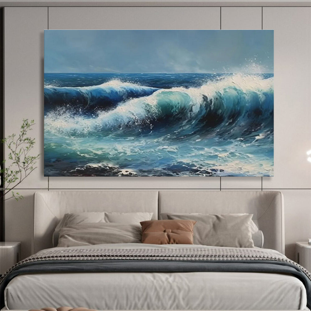 Vibrant Ocean Waves in Blues - Realistic Seascape Painting On Canvas DKS324
