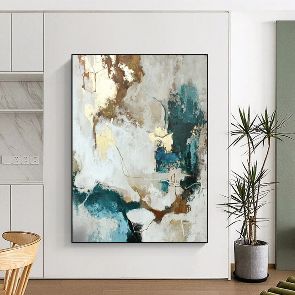 “Gold - Accented Abstract with Teal and Neutrals” - Modern Abstract Painting On Canvas PS0258