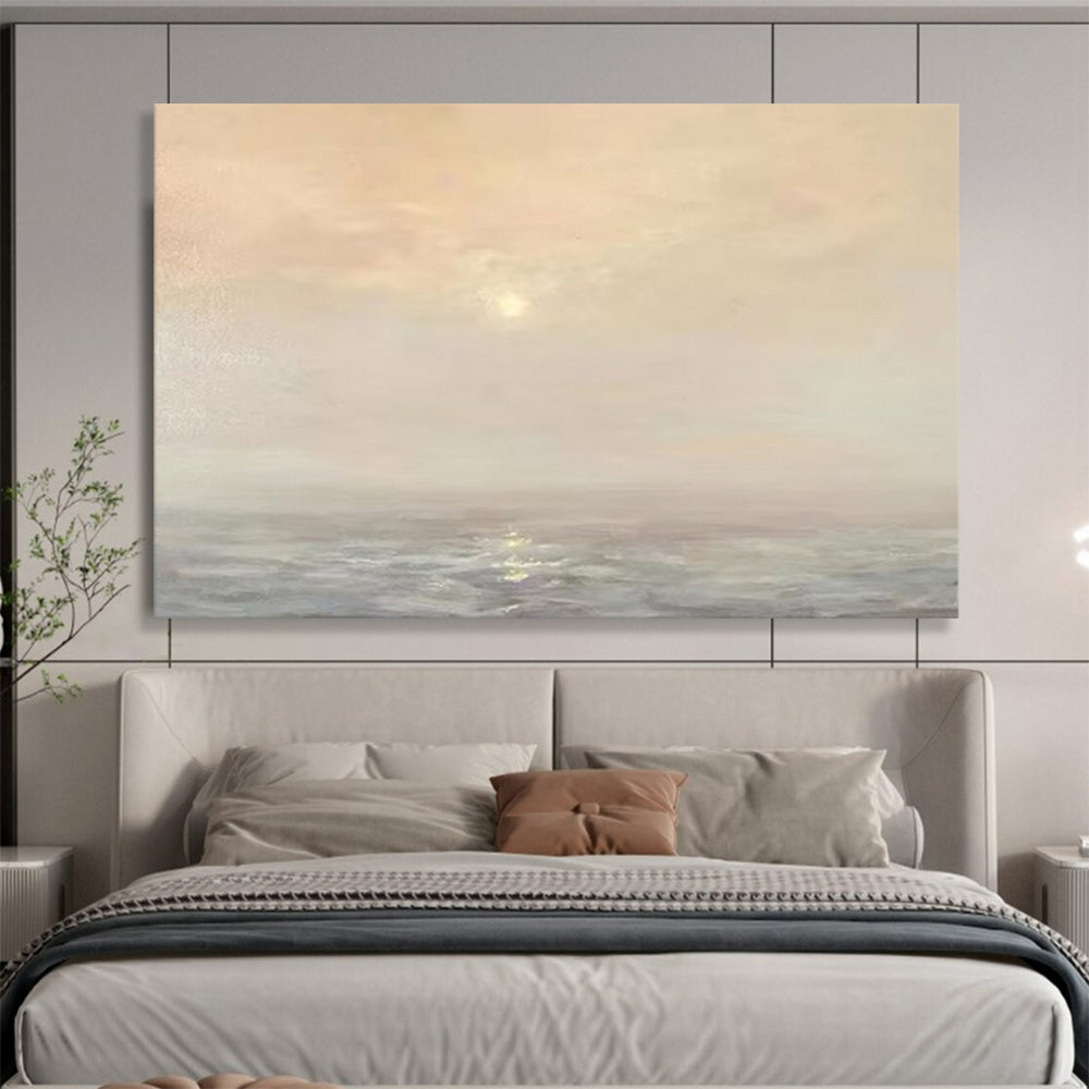 “Peach - Gray Sunset Ocean” - Soft Hues “Dusk Glow” Painting On Canvas PT1669