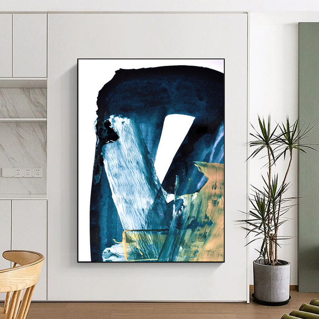 “Blue & Gold Abstract Fusion” - Deep Blues & Metallic Accents Painting On Canvas DS190