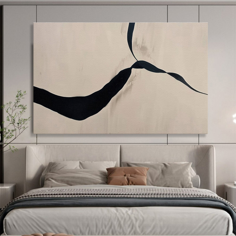 Black and Beige Curved Ribbon Minimalist Abstract Painting On Canvas DKS145