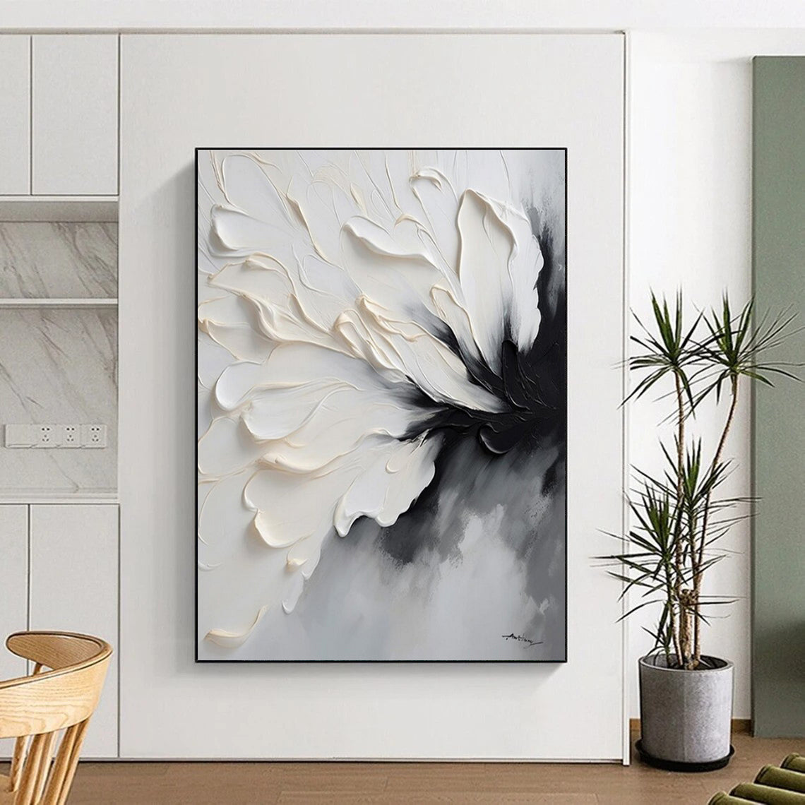 “Monochrome Floral Impasto” - White, Gray, Black Textured Floral Painting On Canvas PS0768