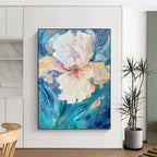 “White Flower: Textured Impasto on Blue” - Impressionistic Floral Painting On Canvas PT0942